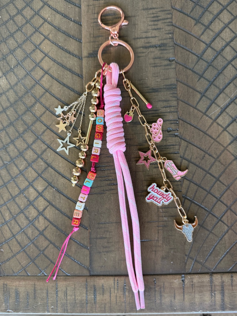 Pink Beaded Bag Charm with Tassel & Gold Accents
